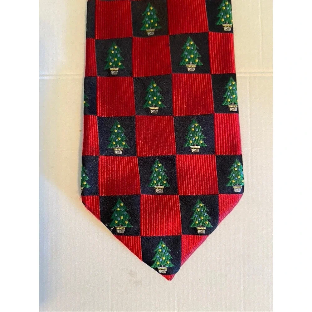Lands End Mens Silk Christmas Tie Red Black Checkered Holiday Tree Handsewn USA